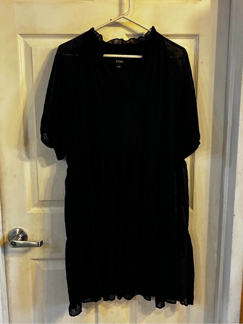 MSK Woman’s Navy Tiered Textured V-Neck Babydoll Dress, Size: L
